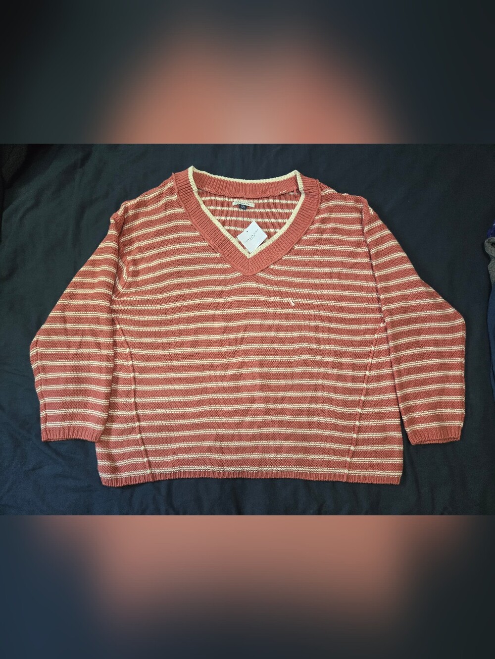 American Eagle Outfitters Striped V-Neck Sweater in Rust & Cream